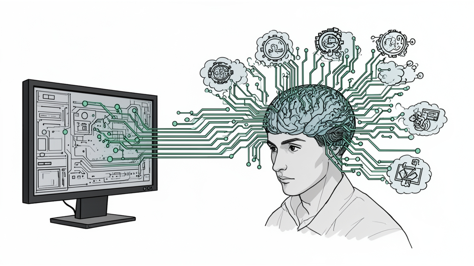 AI와 인간 뇌의 인터페이스를 시각화한 이미지